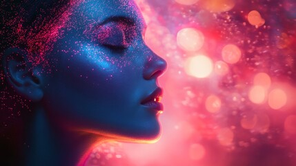 Obraz premium Synesthesia particles with aurora borealis background, neon bright woman portrait in pink palette.