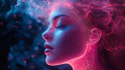 Synesthesia particles, neon bright woman portrait with aurora borealis background, pink palette