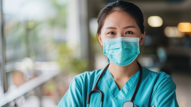 An Asian nurse wearing scrubs and a mask, standing confidently. - Powered by Adobe