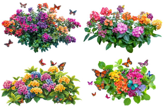 A vibrant depiction of a shrub blooming with colorful flowers that attract delightful butterflies