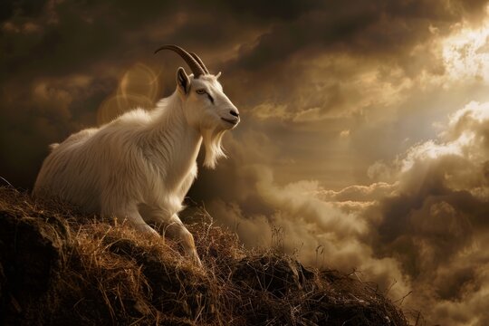 A goat as a symbol of sacrifice and atonement, depicted in a biblical or mythological scene