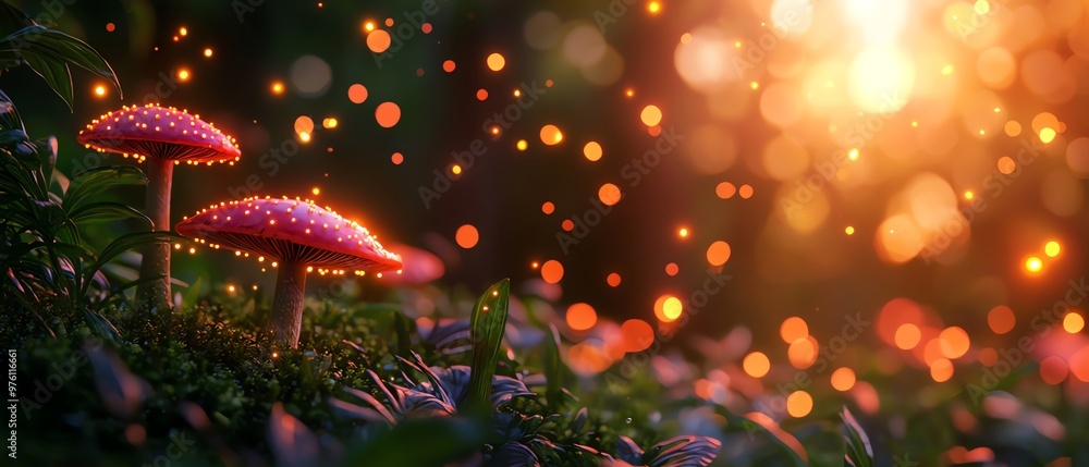Poster enchanting mushrooms glow in a mystical forest, illuminated by soft sunlight and surrounded by magic