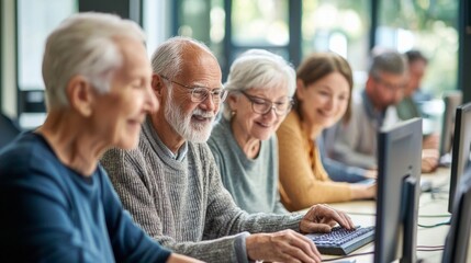Group of seniors attending IT class in community centre with teacher