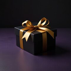 Obraz premium Black gift box with a gold bow on a purple background.