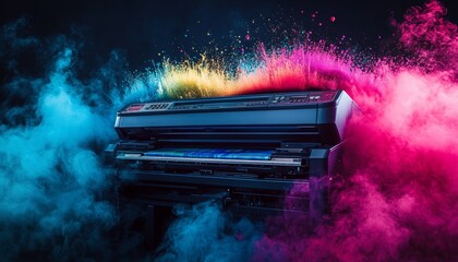 Vibrant office photocopier with color splashes for premium printing services and ample copy space