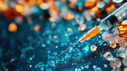 A syringe filled with a vaccine, ready to be given, with a background of vials and healthcare workers preparing doses.