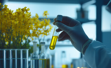 Scientist holding a test tube with yellow liquid in a laboratory filled with green plants, conducting research.
