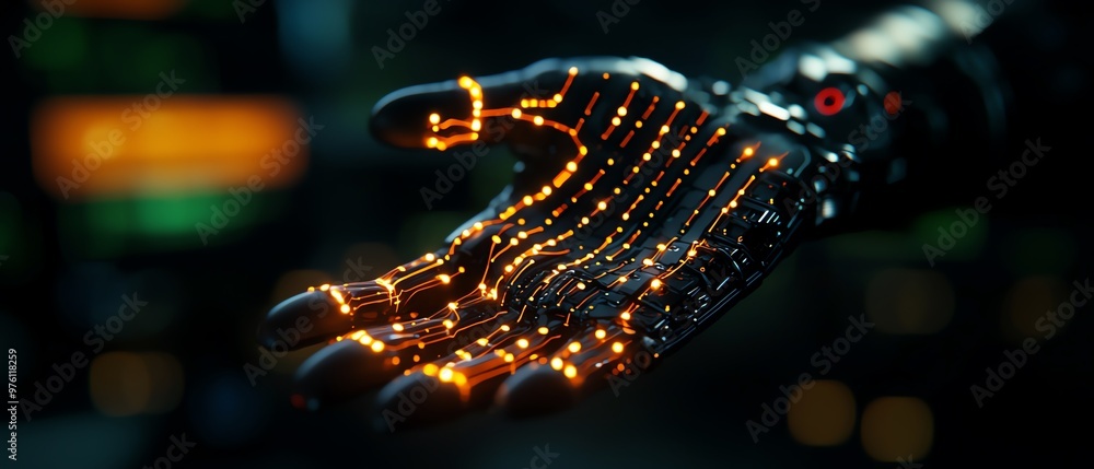 Poster futuristic robotic hand with glowing circuits, symbolizing advanced technology and innovation in a d