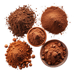 Set of cocoa chocolate powder top view isolated on transparent background.