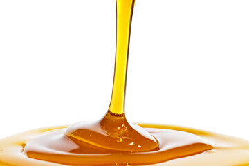 A vibrant close-up of honey pouring down in a smooth cascade, illustrating its rich, golden hue and texture