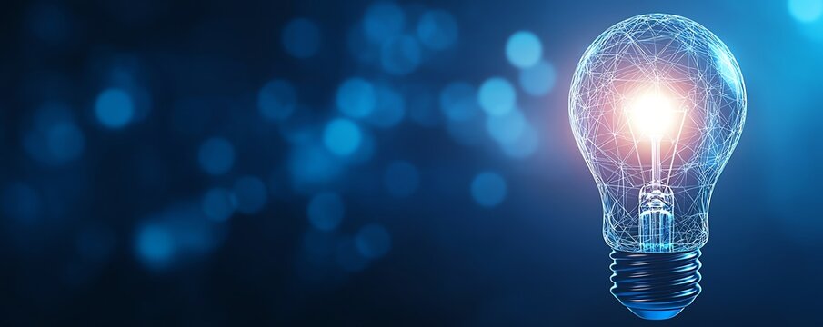 Illuminated light bulb on a blue background, symbolizing innovation, creativity, and ideas in a modern technology environment.