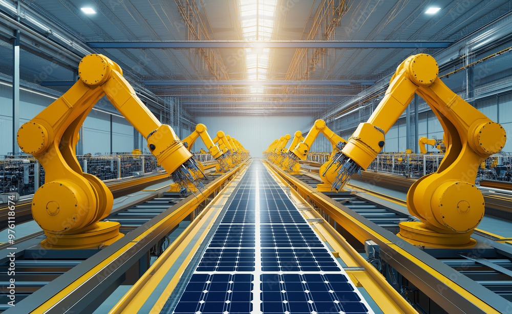Poster factory production line with robotic arms assembling products on solar panels in an automated proces