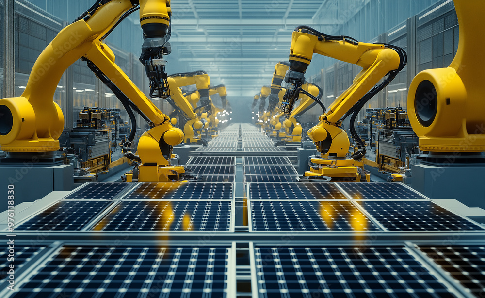 Poster factory production line with robotic arms assembling products on solar panels in an automated proces