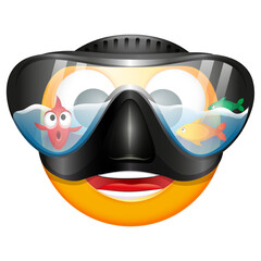 Diver emoji on white background. Cute summer emoticon with scuba mask and diving snorkel. Positive vibes, good mood, vacation, travel, holiday concept	