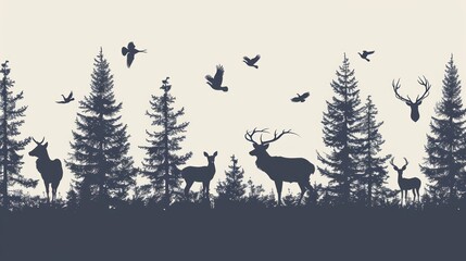 Animal silhouettes in a forest scene.