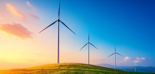 Obraz premium Stunning landscape featuring wind turbines against a vibrant sunset, showcasing renewable energy and environmental sustainability.