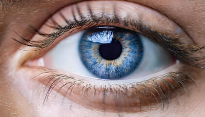 Close-up photo of a human eye with blue iris on a light background, reflecting a concept of beauty and detail. Generative AI