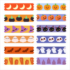 Fototapeta premium Cute Halloween Pattern Tape Set with Ghosts, Cats, and Pumpkins. Kawaii Halloween Washi Tape Designs. Spooky Patterns Collection. 