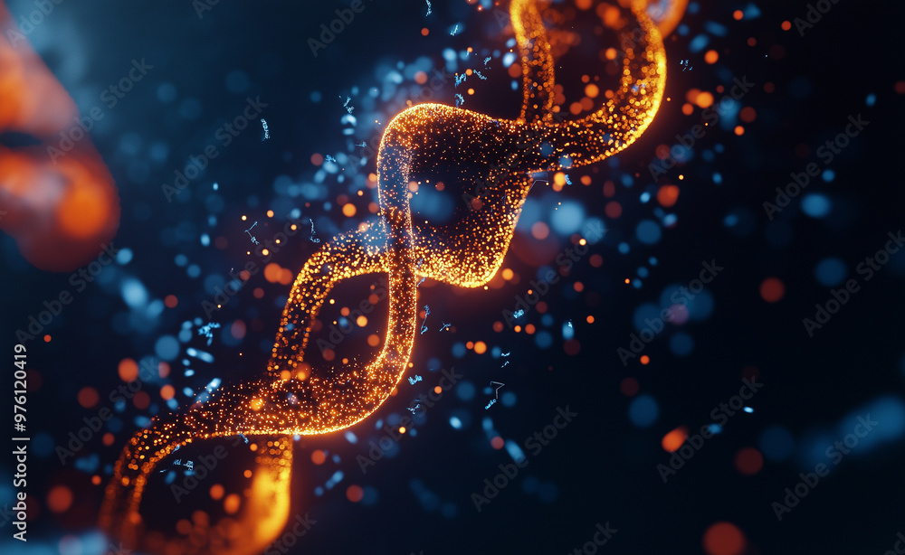 Aufkleber futuristic glowing dna strand with particles and abstract data visualization.