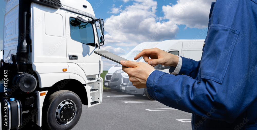 Poster fleet manager with digital tablet on a background of trucks