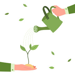 Hand waters sprout with watering can. Environmental protection. Save the Earth, plants and forests. Preserve the ecology of the planet. Eco friendly. Sustainable living concept. Vector illustration.