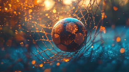Obraz premium Soccer ball flew into the goal. Soccer ball bends the net, against the background of flashes of light. Soccer ball in goal net on blue background. A moment of