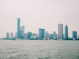 Fototapeta premium Landscape view of Xiamen skyline from the ship,located in Fujian province of China