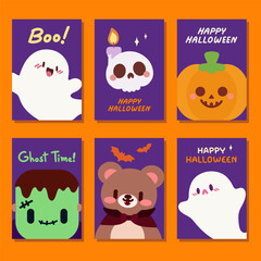 Fototapeta premium Cute Halloween Card Set with Ghosts, Bear, Skull, and Pumpkin. Kawaii Halloween Cards. Halloween Greeting Cards with Cute Characters.