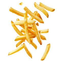 An enticing representation of freshly cooked French fries tumbling gracefully from above, showcasing their golden color and crispy texture