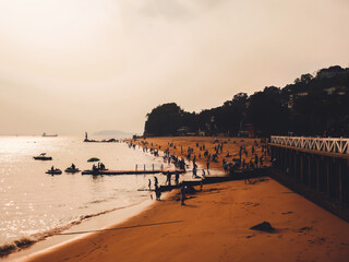 Landscape of Gangzihou beach with ancient stone bridge,located in Gulangyu island in Xiamen city,Fujian,China