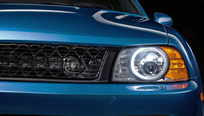 Headlight and part of the hood of a modern blue car. Stylish passenger car.