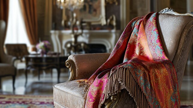 A luxurious pashmina scarf draped over an elegant chair, set against a backdrop of an opulent living room with a grand chandelier