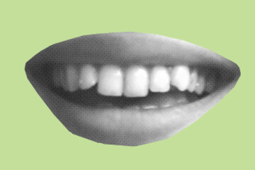close up of smiling female open mouth pixelate grayscale color halftone dotted texture style collage element isolated on green background