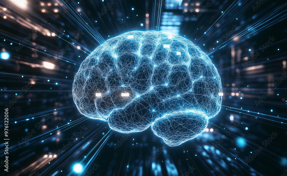 Poster futuristic digital brain hologram with neural connections and data points in a high-tech interface.