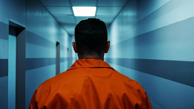 Inmate walking down corridor in prison with orange jumpsuit and dim lighting atmosphere, 4k video