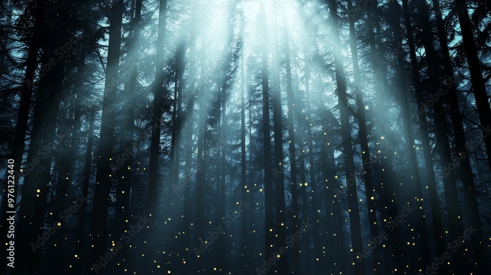 Poster a serene forest scene with sun rays piercing through the trees, creating a mystical and tranquil atm