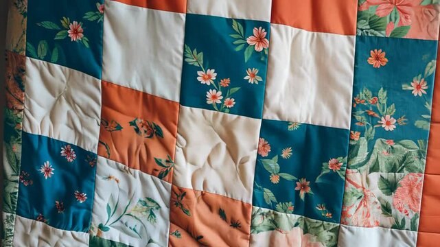 Colorful patchwork quilt with floral patterns showcasing vibrant textile art, 4k video
