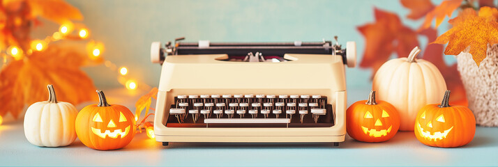 Thanksgiving-themed typewriter setup with pumpkins and string lights