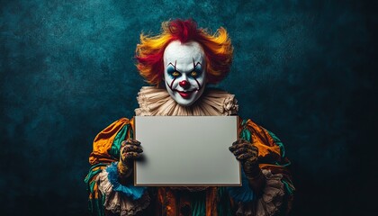 Vintage royal clown in colorful costume holding blank invitation, eerie stare for halloween banner