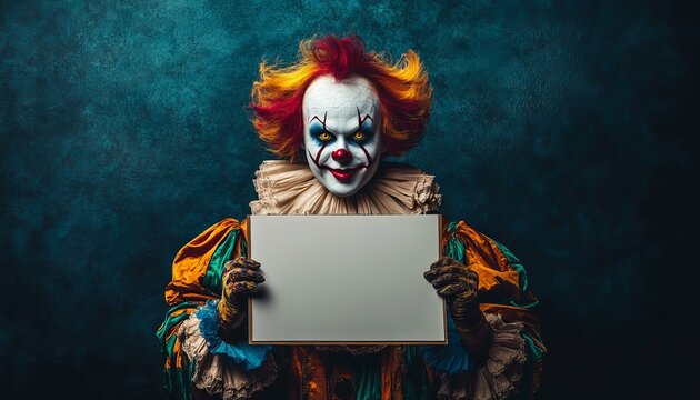 Vintage royal clown in colorful costume holding blank invitation, eerie stare for halloween banner