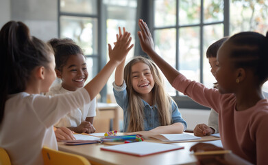 Group of diverse children giving high fives while collaborating in a classroom setting.