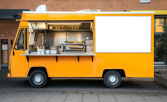 Bright yellow food truck with a blank menu board, ready for customization, parked on a city street.