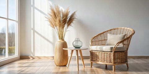Modern home interior with rattan furniture and dry plant in vase render