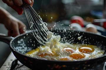 Close-up of Friends Whisking Eggs and Milk Together to Make a Fluffy Omelette - Cooking and Friendship Concept