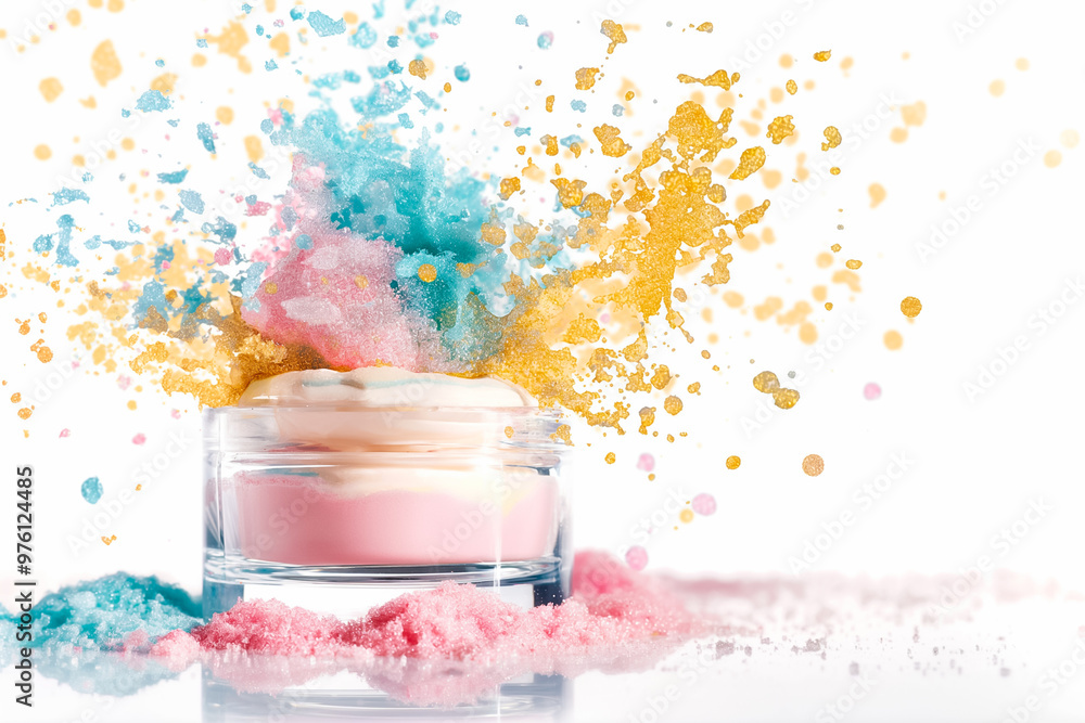 Poster A clear jar holds cream as vibrant colored powders explode around it, creating a dynamic and artistic arrangement on a clean surface