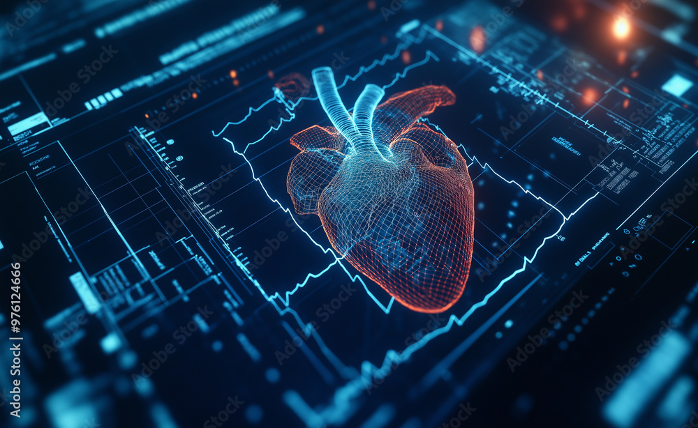 Aufkleber digital representation of a heart monitor with a 3d heart model and data overlays.