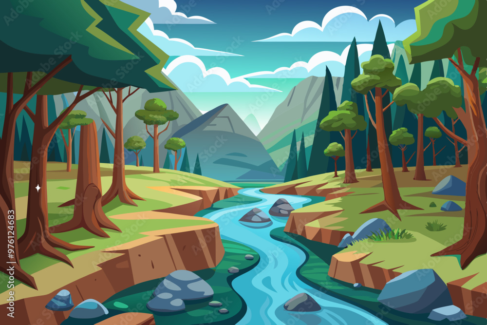 Wall mural blue river flowing across green forest