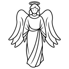 An angel with wings, halo, and a flowing robe, shown in elegant, minimalist lines vector