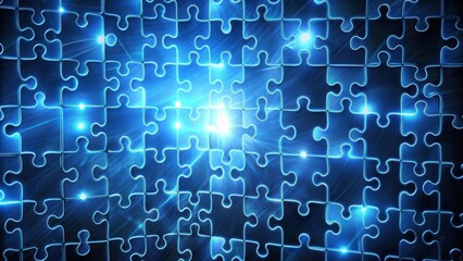 Futuristic puzzle with silhouette pieces creating a modern blue