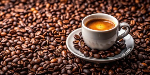 Fototapeta premium Cenital view of fresh expresso coffee in a cup surrounded by roasted beans
